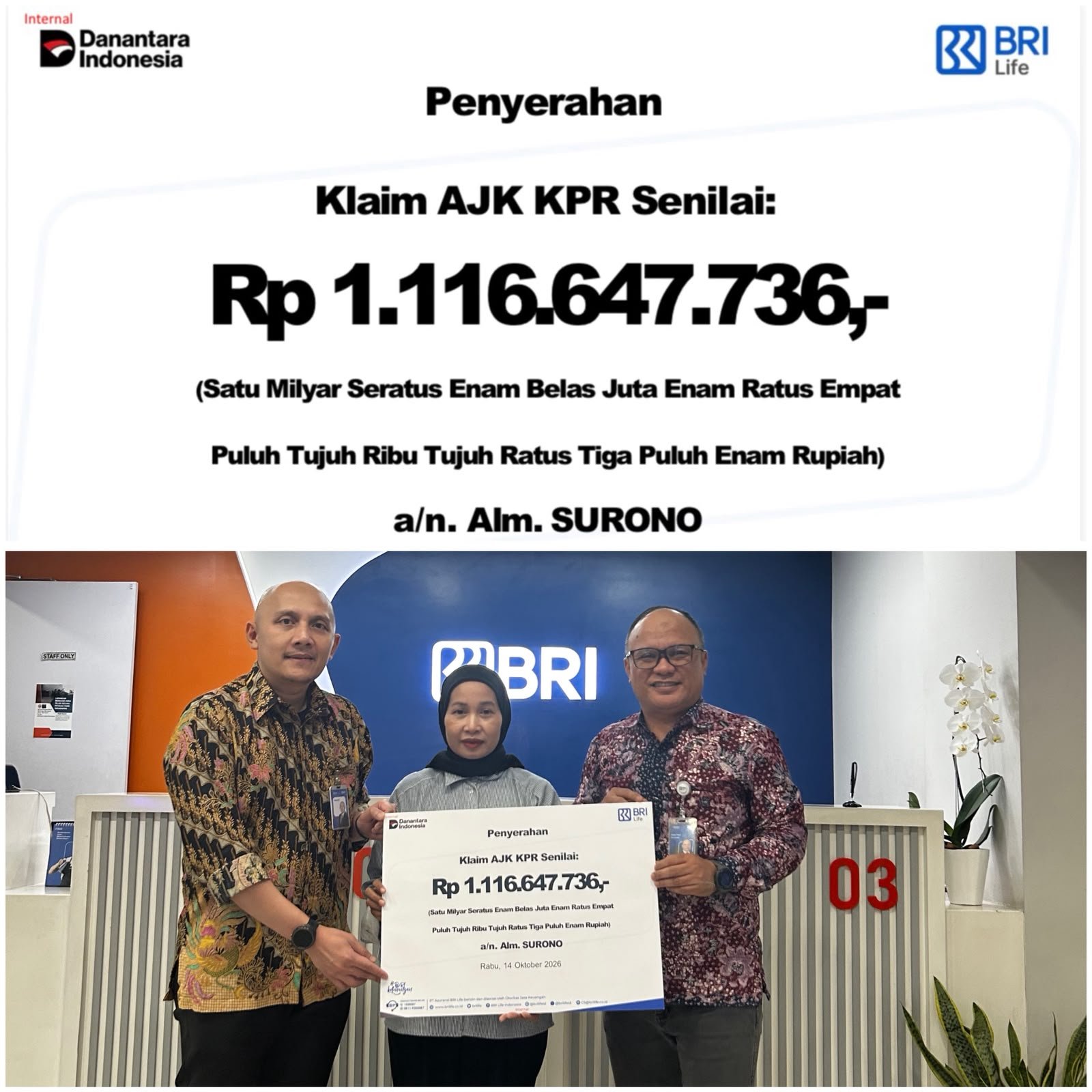 BRI Life melalui BRI Soekarno Hatta Serahkan Klaim AJK KPR Rp1,11 Miliar BRI Life melalui BRI Soekarno Hatta Serahkan Klaim AJK KPR Rp1,11 Miliar